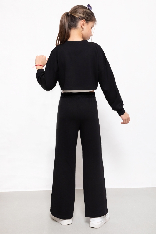 Siyah Şerit Detaylı Geniş Paça Croplu Kız Çocuk 3lü Takım 19840