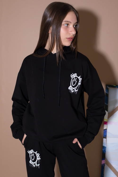 Siyah Sırt Baskılı Kapüşonlu Kız Çocuk Eşofman Takımı 19562