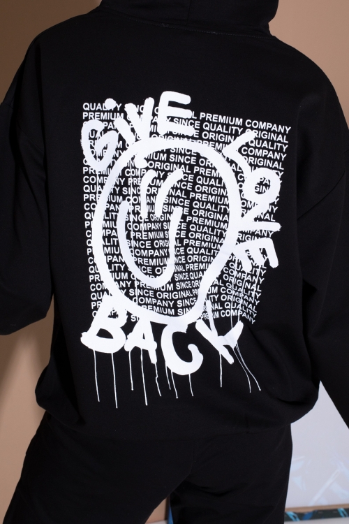 Siyah Sırt Baskılı Kapüşonlu Kız Çocuk Eşofman Takımı 19562