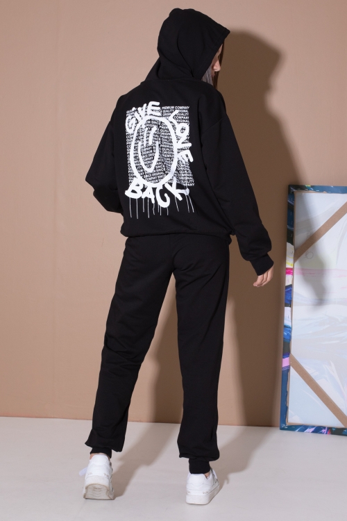 Siyah Sırt Baskılı Kapüşonlu Kız Çocuk Eşofman Takımı 19562