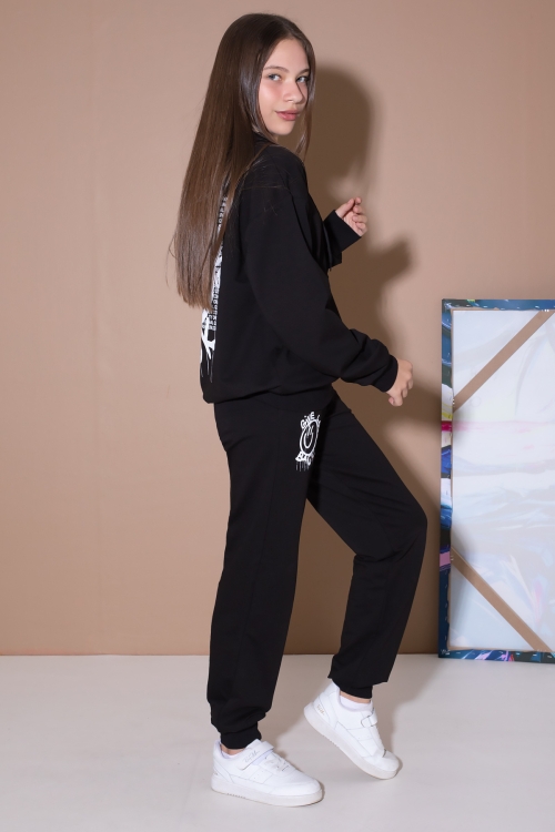 Siyah Sırt Baskılı Kapüşonlu Kız Çocuk Eşofman Takımı 19562
