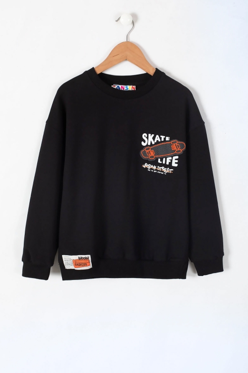 Siyah Skate Sırtı Baskılı Bisiklet Yaka Erkek Çocuk Sweatshirt 19639