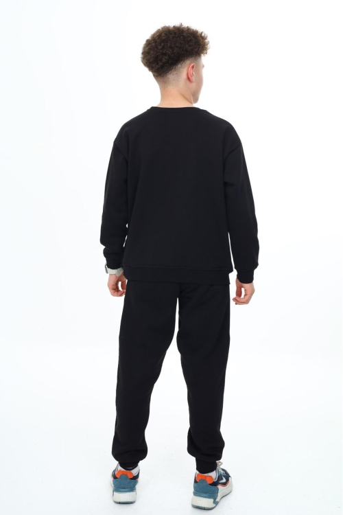 Siyah Yazı Baskılı Bisiklet Yaka Erkek Çocuk Şardonlu Eşofman Takımı 19346