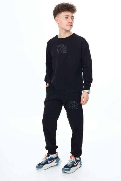 Siyah Yazı Baskılı Bisiklet Yaka Erkek Çocuk Şardonlu Eşofman Takımı 19346