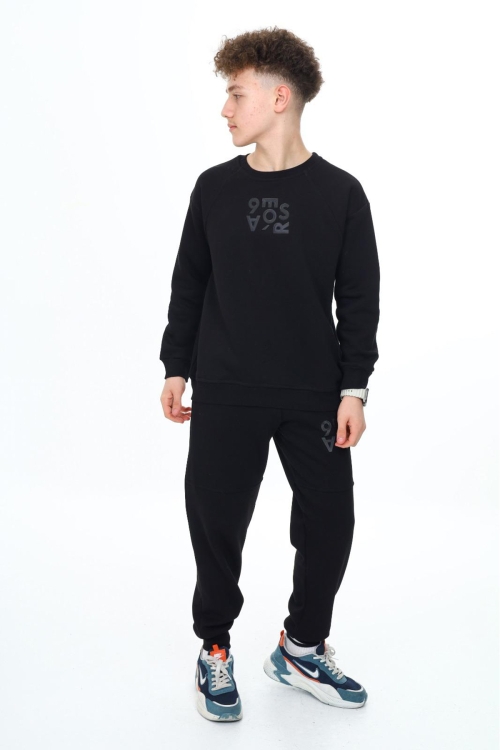 Siyah Yazı Baskılı Bisiklet Yaka Erkek Çocuk Şardonlu Eşofman Takımı 19346