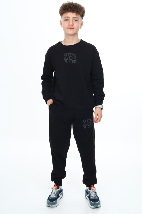 Siyah Yazı Baskılı Bisiklet Yaka Erkek Çocuk Şardonlu Eşofman Takımı 19346