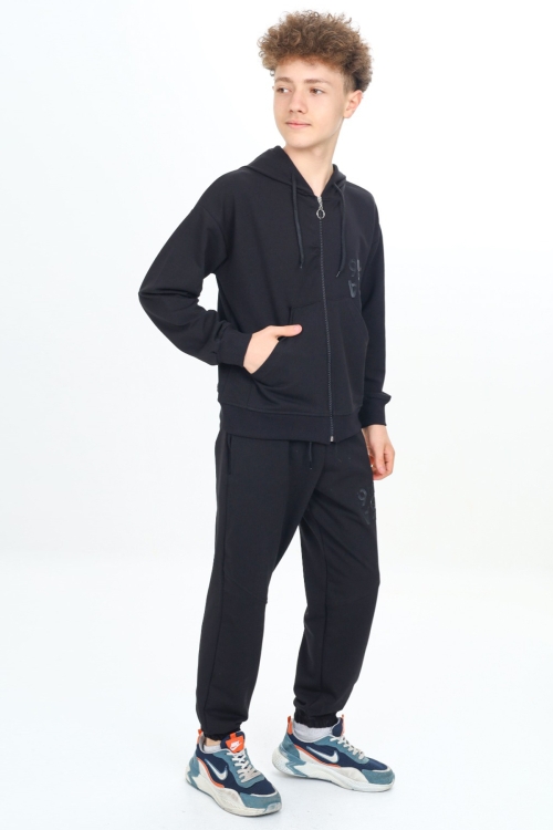 Siyah Yazı Baskılı Kapüşonlu Hırkalı Erkek Çocuk Eşofman Takımı 19226