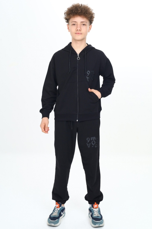 Siyah Yazı Baskılı Kapüşonlu Hırkalı Erkek Çocuk Eşofman Takımı 19226