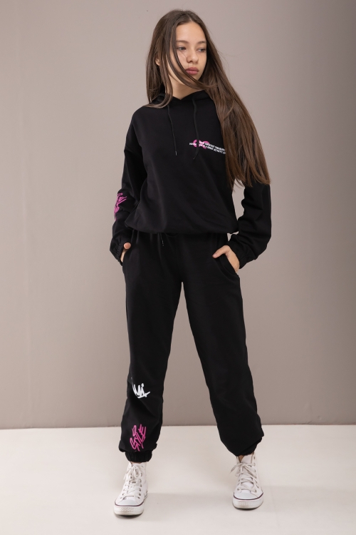 Siyah Yazı Baskılı Kapüşonlu Kız Eşofman Takımı 19780