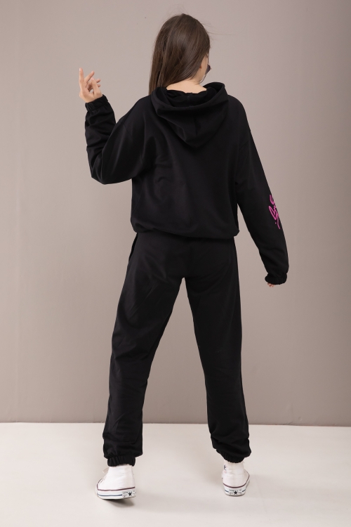 Siyah Yazı Baskılı Kapüşonlu Kız Eşofman Takımı 19780