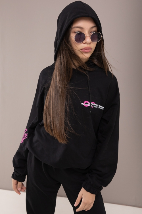Siyah Yazı Baskılı Kapüşonlu Kız Eşofman Takımı 19780