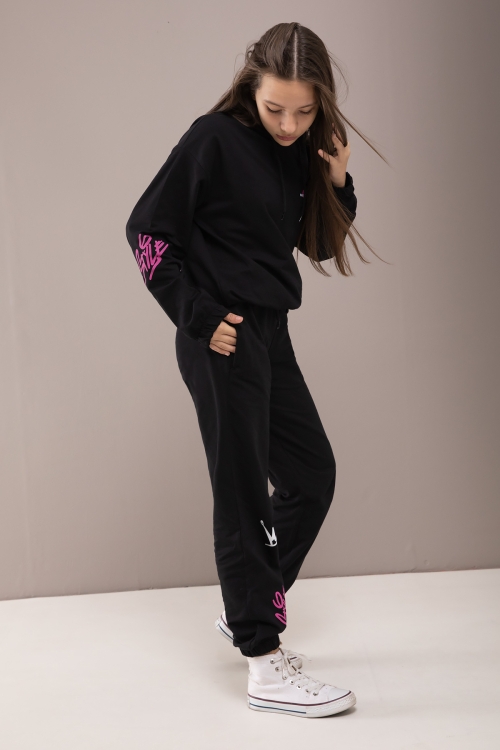 Siyah Yazı Baskılı Kapüşonlu Kız Eşofman Takımı 19780