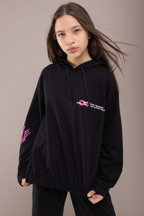 Siyah Yazı Baskılı Kapüşonlu Kız Eşofman Takımı 19780