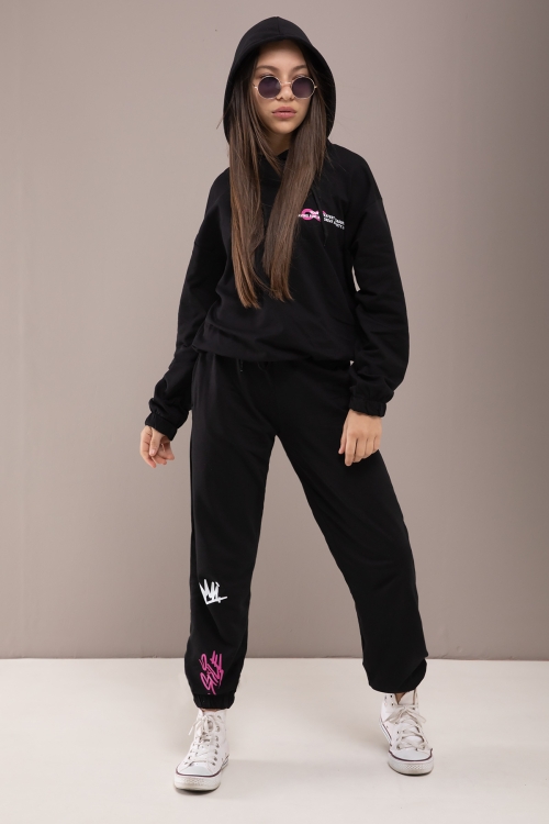 Siyah Yazı Baskılı Kapüşonlu Kız Eşofman Takımı 19780