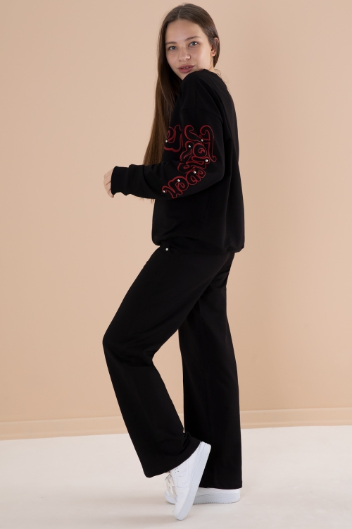 Siyah Yazı Baskılı Kız Beli Lastikli Eşofman Takımı 19898