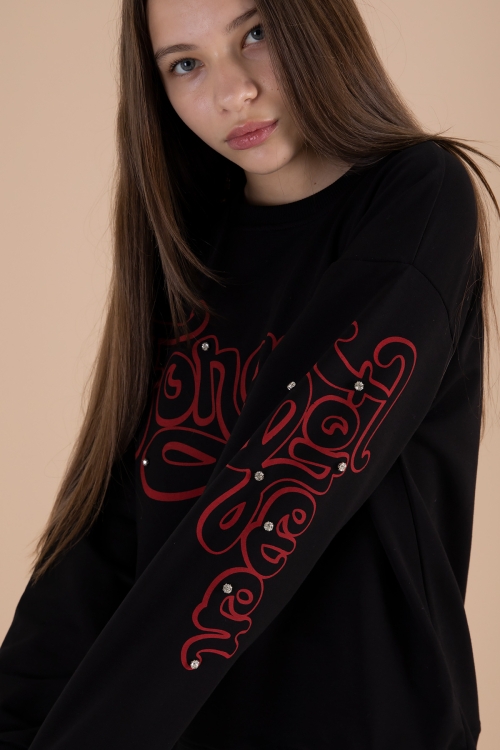 Siyah Yazı Baskılı Kız Beli Lastikli Eşofman Takımı 19898