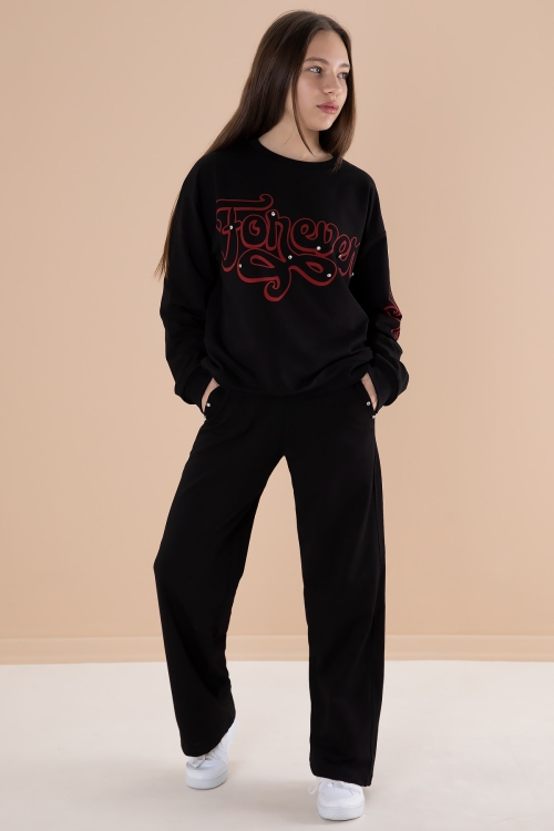 Siyah Yazı Baskılı Kız Beli Lastikli Eşofman Takımı 19898