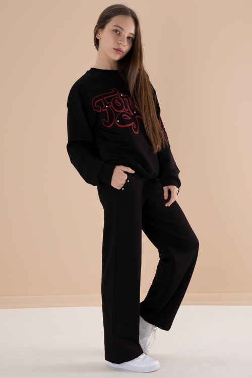 Siyah Yazı Baskılı Kız Beli Lastikli Eşofman Takımı 19898