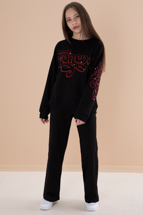 Siyah Yazı Baskılı Kız Beli Lastikli Eşofman Takımı 19898