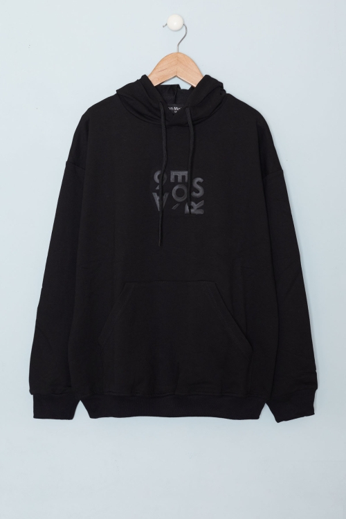 Siyah Yazı Kabartma Baskılı Kapüşonlu Erkek Çocuk Sweatshirt 19351