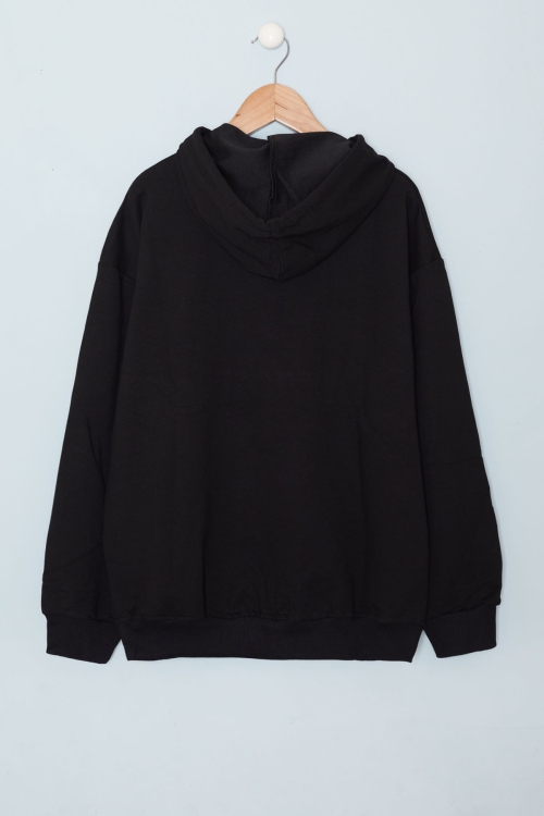 Siyah Yazı Kabartma Baskılı Kapüşonlu Erkek Çocuk Sweatshirt 19351