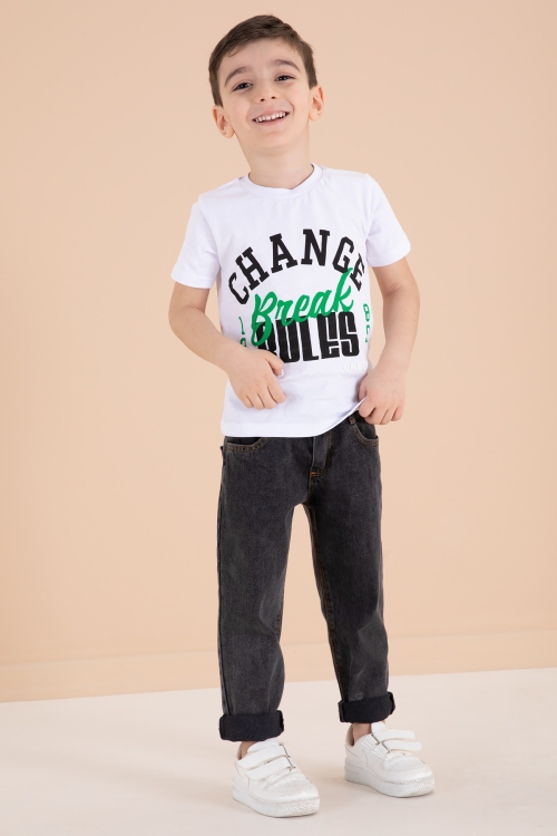 Siyah Yazı Nakışlı Ceketli 3lü Erkek Çocuk Jean Takım 20002