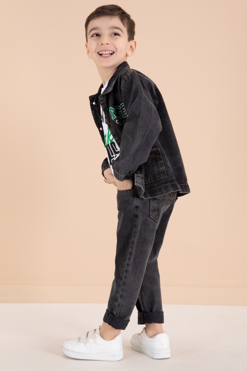 Siyah Yazı Nakışlı Ceketli 3lü Erkek Çocuk Jean Takım 20002