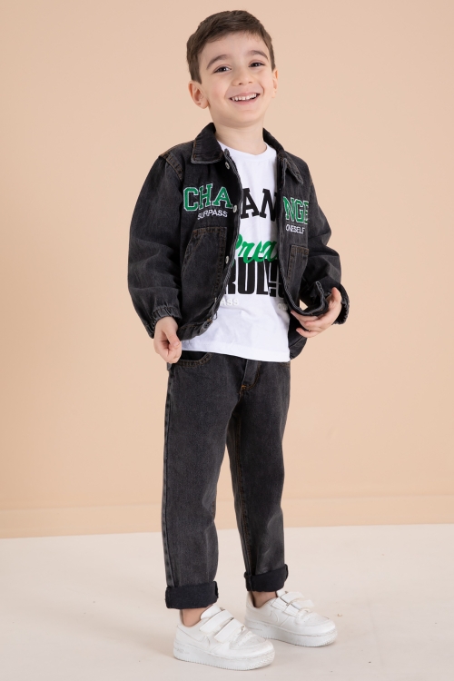 Siyah Yazı Nakışlı Ceketli 3lü Erkek Çocuk Jean Takım 20002