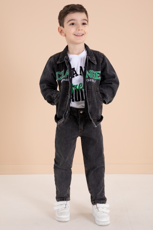 Siyah Yazı Nakışlı Ceketli 3lü Erkek Çocuk Jean Takım 20002