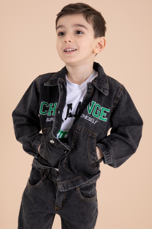 Siyah Yazı Nakışlı Ceketli 3lü Erkek Çocuk Jean Takım 20002