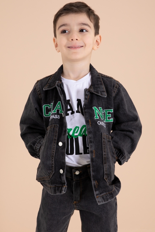 Siyah Yazı Nakışlı Ceketli 3lü Erkek Çocuk Jean Takım 20002