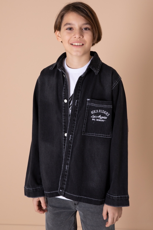 Siyah Yazı Nakışlı Jean Gömlekli Tişörtlü ve Erkek Çocuk 2li Takım 20035