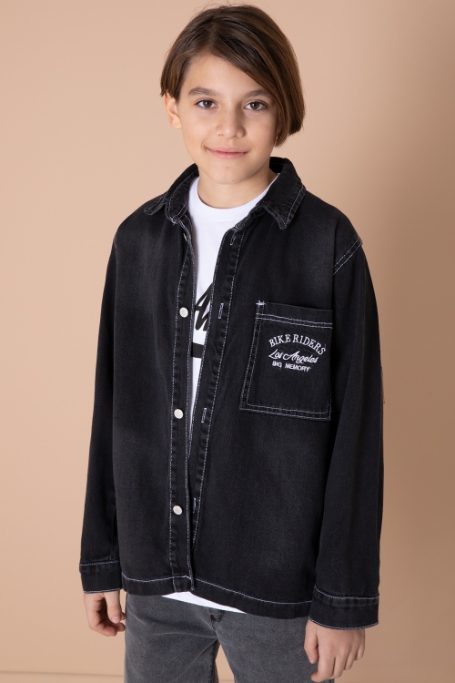 Siyah Yazı Nakışlı Jean Gömlekli Tişörtlü ve Erkek Çocuk 2li Takım 20035