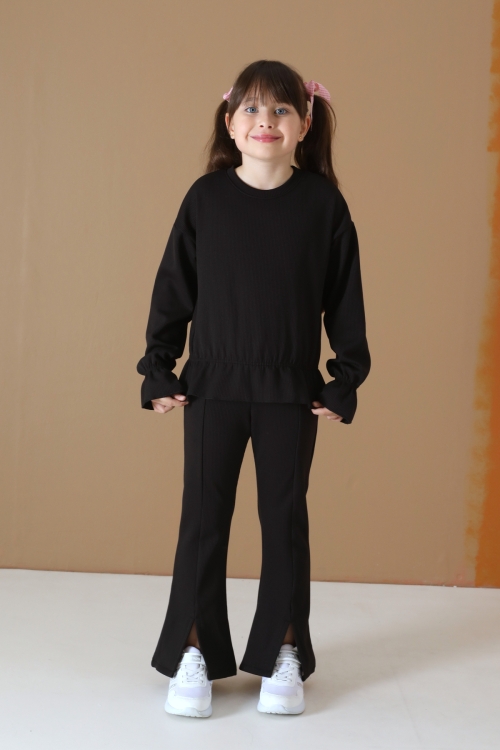 Siyah Yırtmaç Detaylı Beli Büzgülü Badili Kız Çocuk Şardonlu Takım 19743