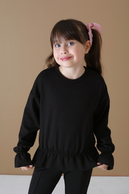 Siyah Yırtmaç Detaylı Beli Büzgülü Badili Kız Çocuk Şardonlu Takım 19743