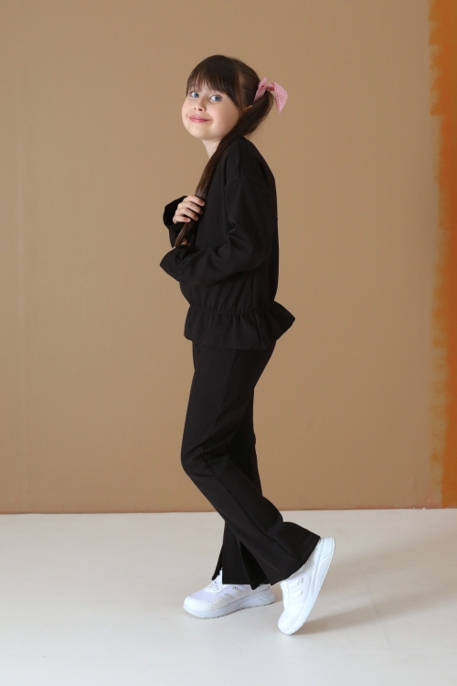 Siyah Yırtmaç Detaylı Beli Büzgülü Badili Kız Çocuk Şardonlu Takım 19743