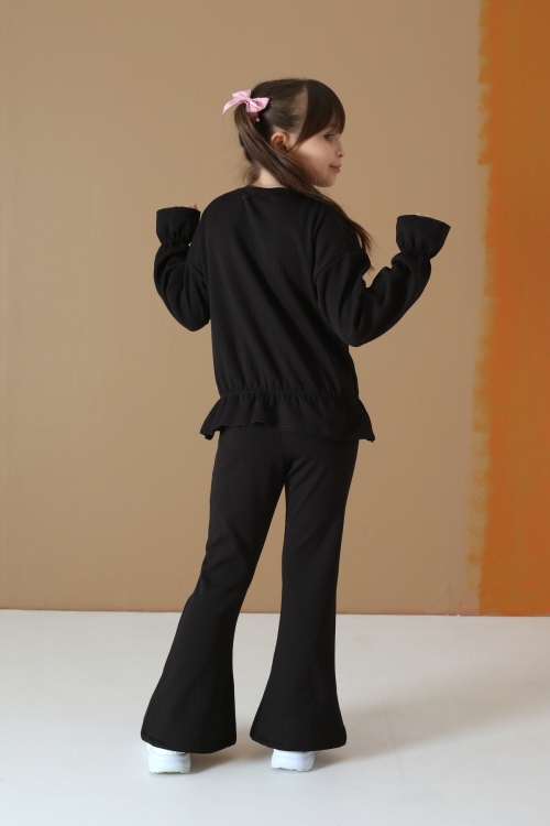 Siyah Yırtmaç Detaylı Beli Büzgülü Badili Kız Çocuk Şardonlu Takım 19743