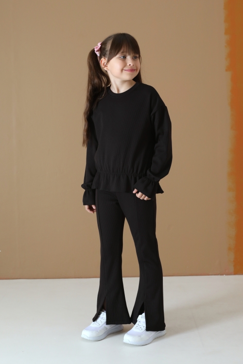 Siyah Yırtmaç Detaylı Beli Büzgülü Badili Kız Çocuk Şardonlu Takım 19743