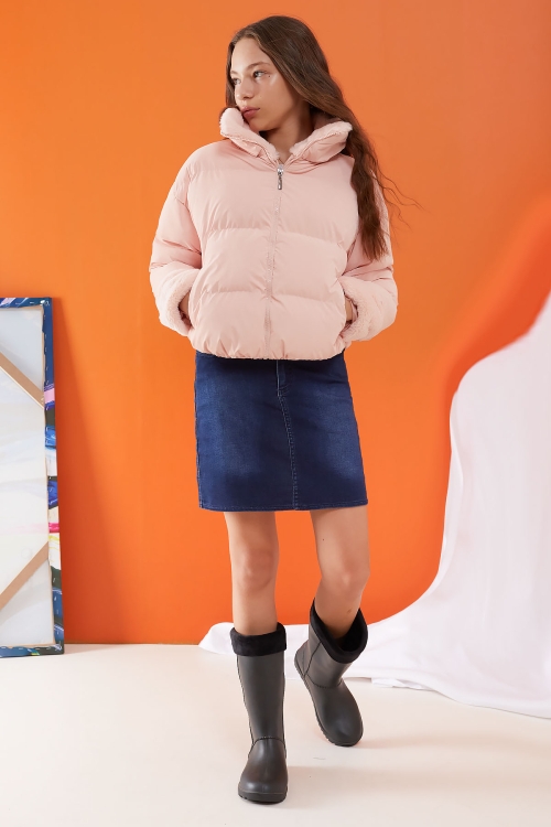 Somon Dik Yaka Kolu Kürk Detaylı Kız Çocuk Şişme Mont 19504