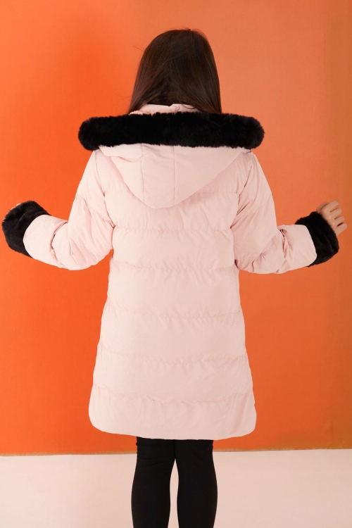 Somon Kolu Kürk Detaylı Kapüşonlu Kız Çocuk Şişme Mont 19512