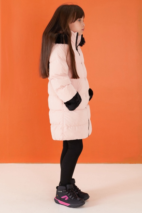 Somon Kolu Kürk Detaylı Kapüşonlu Kız Çocuk Şişme Mont 19512