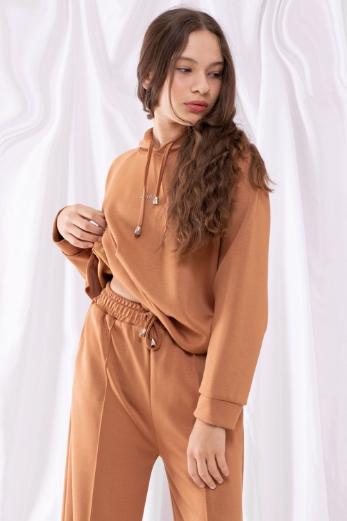 Taba Cool Yazılı Kapüşonlu Geniş Paça Kız Çocuk Eşofman Takımı 19537