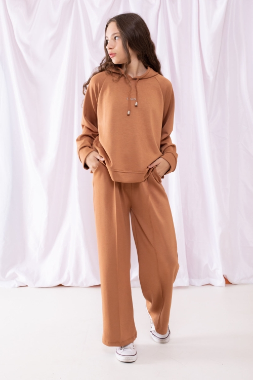 Taba Cool Yazılı Kapüşonlu Geniş Paça Kız Çocuk Eşofman Takımı 19537