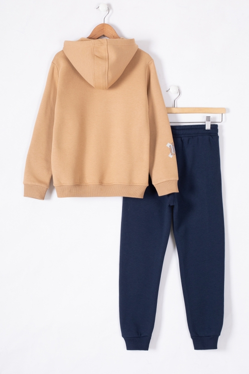 Taba Fermuarlı Yaka Kapüşonlu Erkek Çocuk Şardonlu Eşofman Takımı 19619