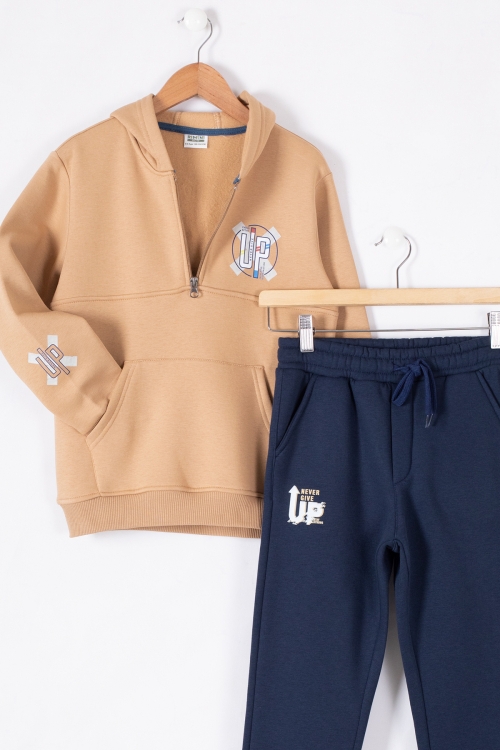 Taba Fermuarlı Yaka Kapüşonlu Erkek Çocuk Şardonlu Eşofman Takımı 19619