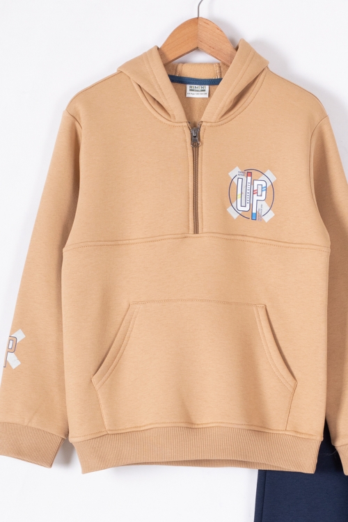 Taba Fermuarlı Yaka Kapüşonlu Erkek Çocuk Şardonlu Eşofman Takımı 19619