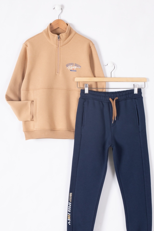 Taba Kanguru Cepli Fermuar Yaka Erkek Çocuk Şardonlu Eşofman Takım 19616
