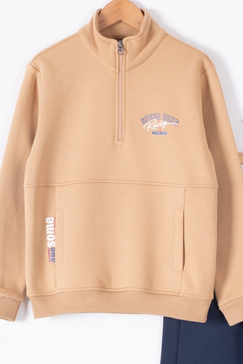 Taba Kanguru Cepli Fermuar Yaka Erkek Çocuk Şardonlu Eşofman Takım 19616