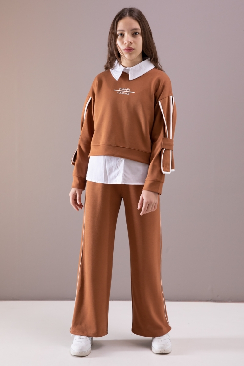 Taba Kol Detaylı Badili Gömlekli Kız Çocuk Pantolonlu 3lü Takım 19879