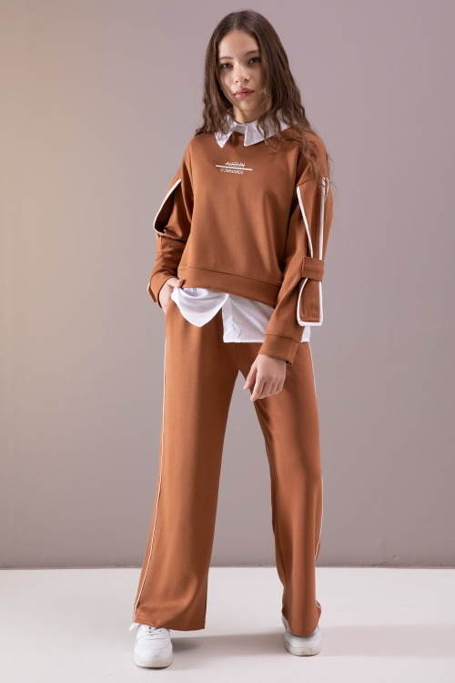 Taba Kol Detaylı Badili Gömlekli Kız Çocuk Pantolonlu 3lü Takım 19879